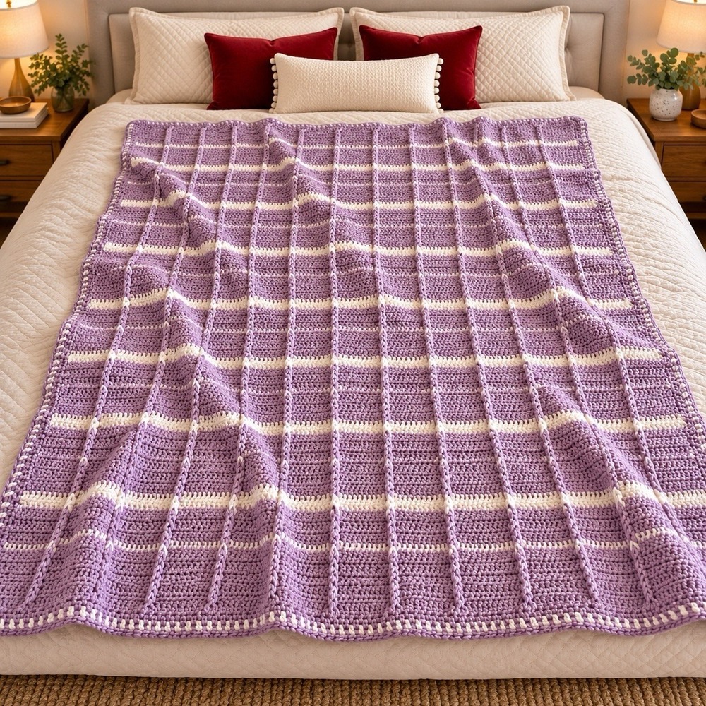 Vintage Handmade Crochet Afghan Ribbed Purple Stripe Weighty Throw Blanket 80x65